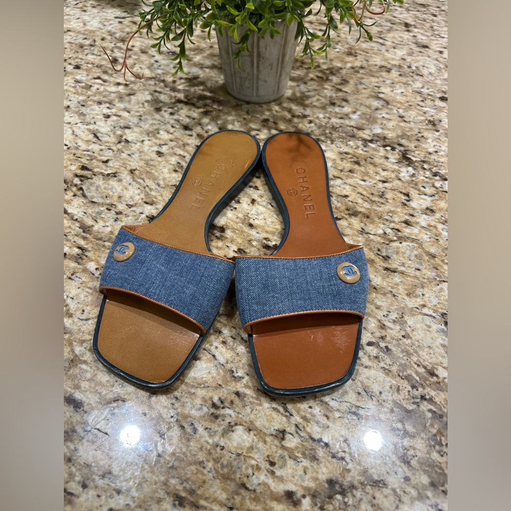 CHANEL Denim Tan Slides Flats Mules Sandals EUR 36